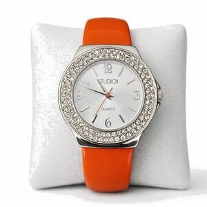 Studio Time Women's Quartz Cuff Watch Orange Band Crystal Bezel Not Tested